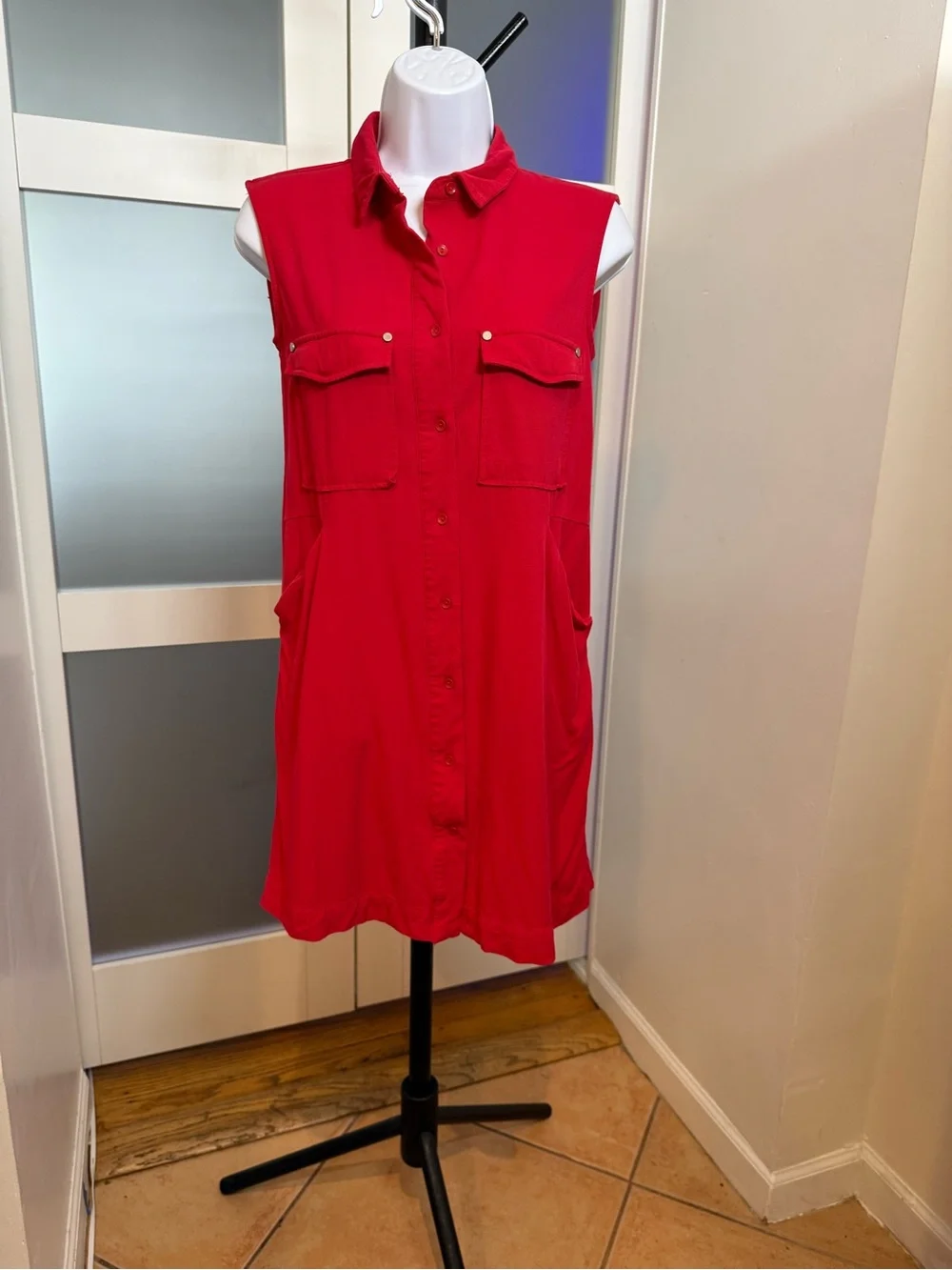 Mango Casual Red Sleeveless Button Up Shirt Dress with Pockets, Size 6
